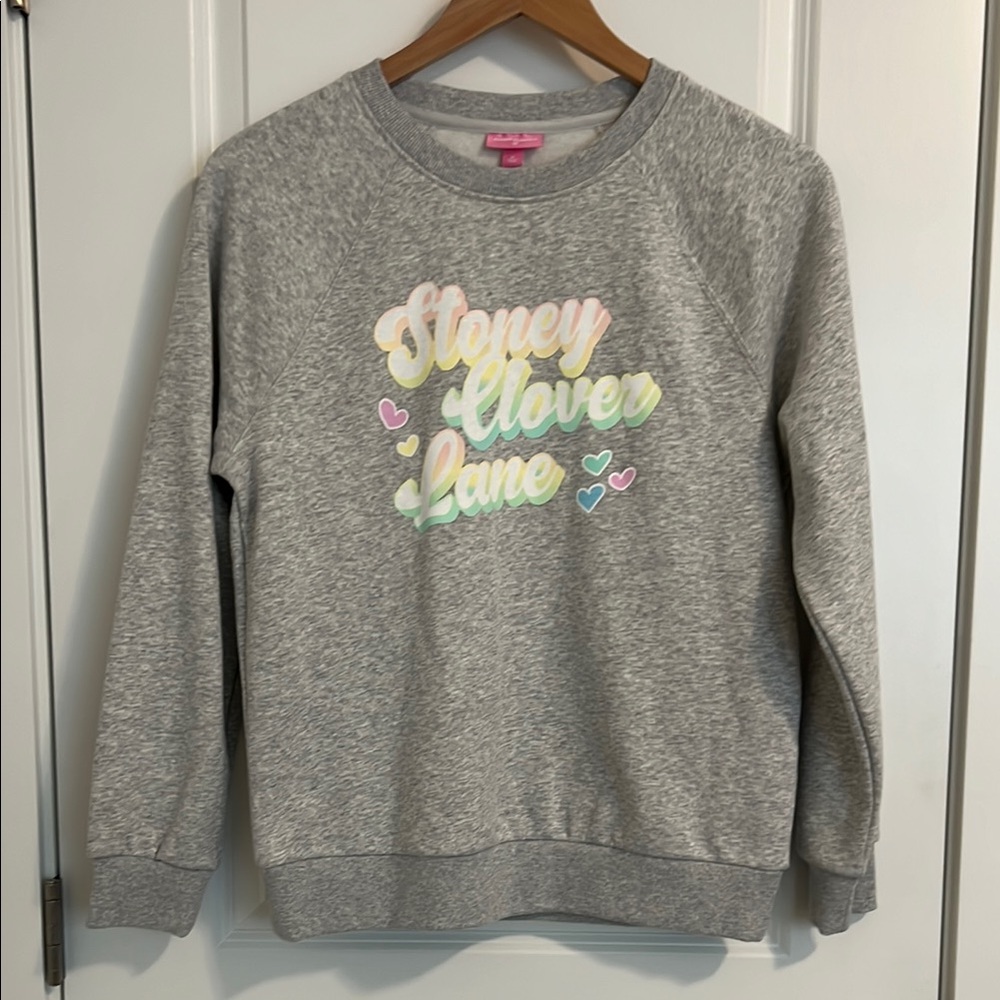 Stoney Clover Lane Gray Crewneck Sweater with Playful Graphic
